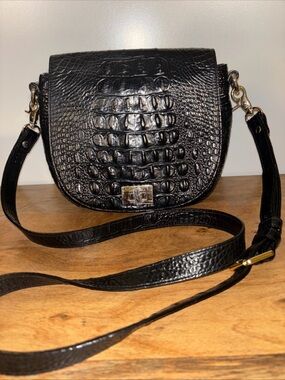 Brahmin Sonny Black Croc-Embossed Saddle Crossbody Bag